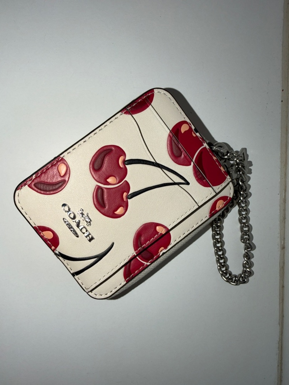 Coach Cherry Print Card Case with Silver Chain